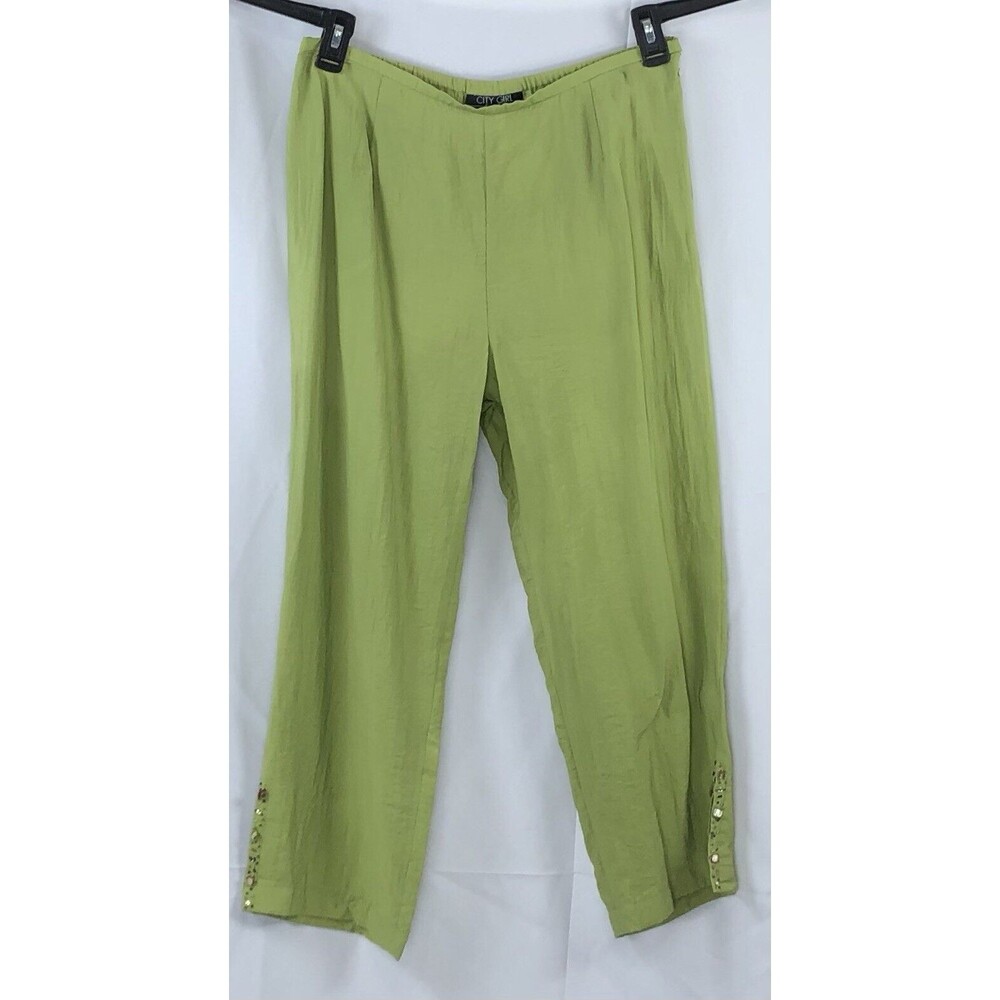 Vtg Nancy bolen cropped pants 12 Green beaded 32"W high-rise Boho Beach capsule